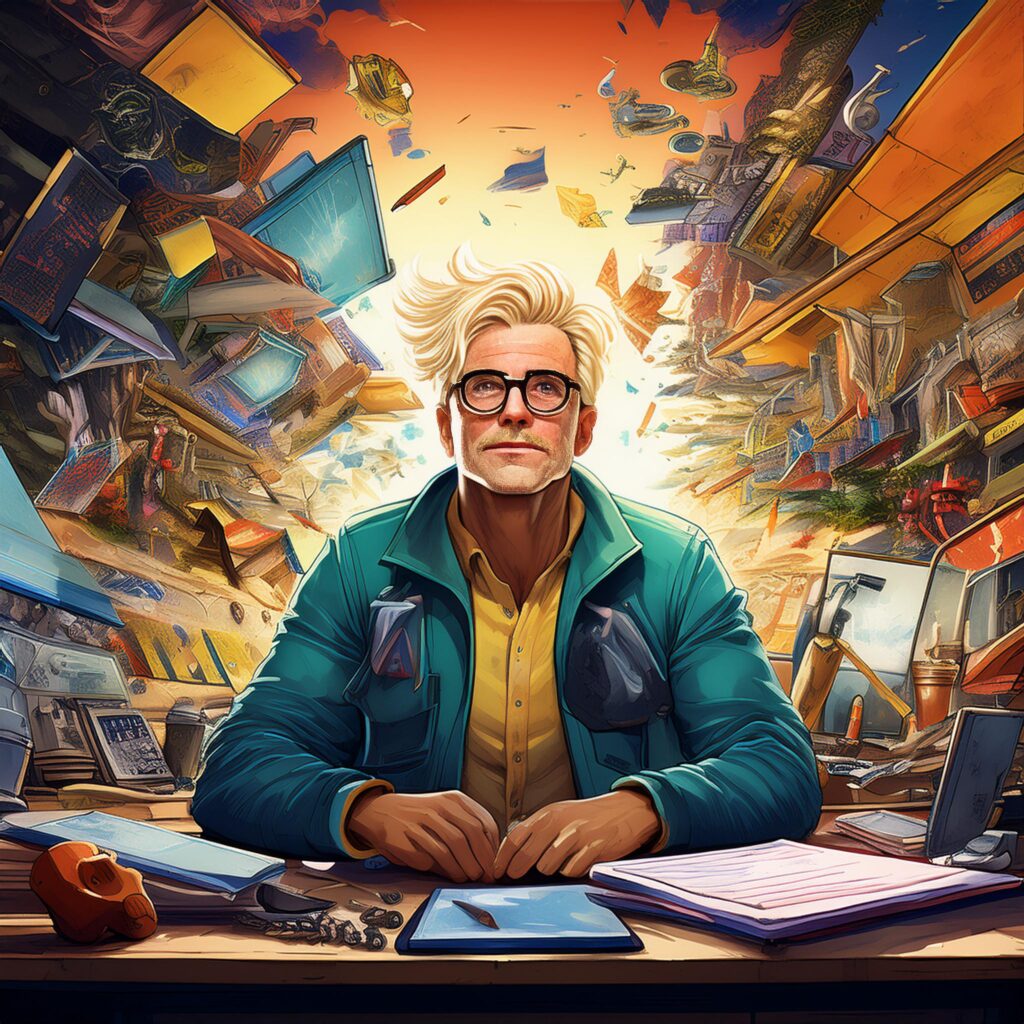 A middle aged blond man is glasses sits at a desk and is surrounded by flurries of chaos.