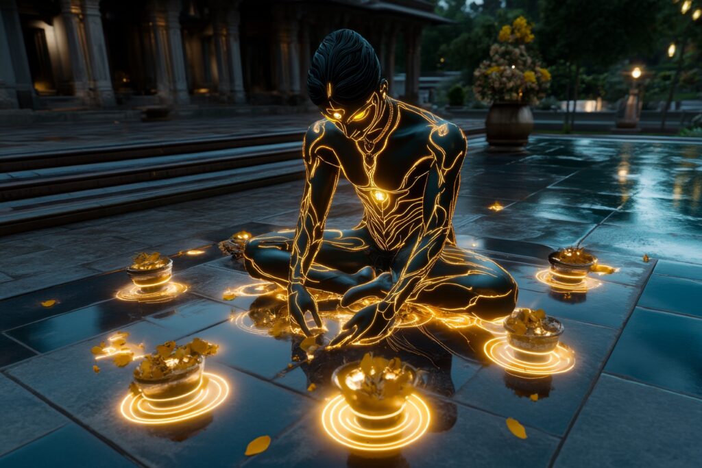 a glowing figure sits in a circle of candles in the courtyard of a temple